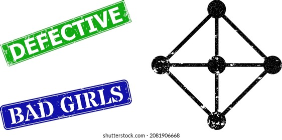 Grunge rhombus grid nodes icon and rectangle corroded Defective seal stamp. Vector green Defective and blue Bad Girls watermarks with corroded rubber texture,
