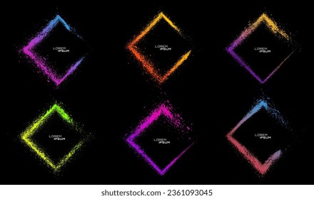 Grunge rhombus texture effect set. Rough shape decoration. Abstract frame with vibrant colors. Colorful isolated on black background. Graphic design halftone style concept for banner, flyer, etc