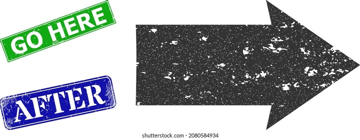 Grunge right direction icon and rectangular rubber Go Here seal. Vector green Go Here and blue After imprints with scratched rubber texture, designed for right direction illustration.