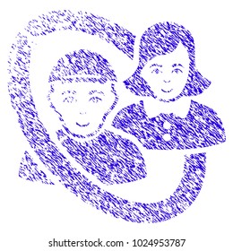 Grunge Ringed People Pair rubber seal stamp watermark. Icon symbol with grunge design and dust texture. Unclean vector blue sticker ringed people pair.