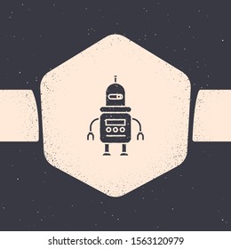 Grunge Robot icon isolated on grey background. Monochrome vintage drawing. Vector Illustration