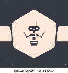 Grunge Robot icon isolated on grey background. Monochrome vintage drawing. Vector Illustration