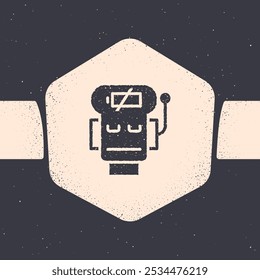 Grunge Robot low battery charge icon isolated on grey background. Artificial intelligence, machine learning, cloud computing. Monochrome vintage drawing. Vector