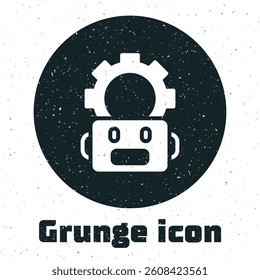 Grunge Robot setting icon isolated on white background. Artificial intelligence, machine learning, cloud computing. Monochrome vintage drawing. Vector