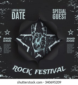 Grunge, rock festival background template. Black, torn paper background. Hole in black paper. Vector illustration.