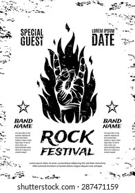 Grunge, rock festival poster, with rock n roll sign and fire. Vector illustration.4