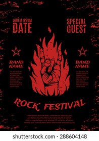 Grunge, rock festival poster, with rock n roll sign and fire. Vector illustration.