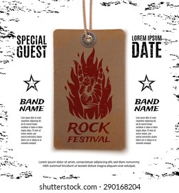 Grunge, rock festival poster, with rock n roll sign and fire on vintage price tag. Vector illustration.