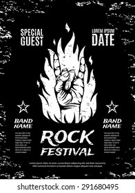 Grunge, rock festival poster, with rock n roll sign and fire. Vector illustration.