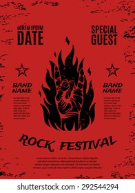 Grunge, rock festival poster, with rock n roll sign and fire. Vector illustration.