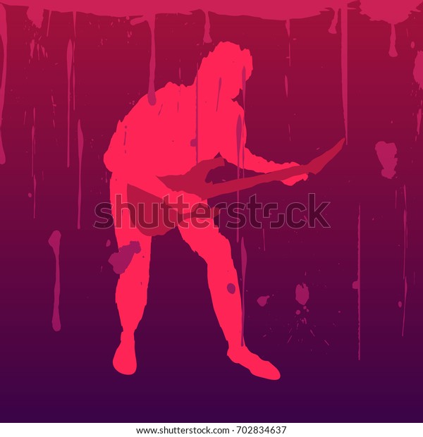 Grunge rock guitar player with paint drops and splashes in the background.