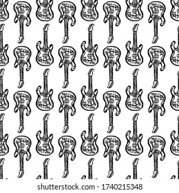 Grunge Rock Gitarre nahtlos Muster. Elektrischer Gitarrenvektordruck. Rocker wiederholen Fliese. Handgezeichnetes Schwermetall-Konzept.
