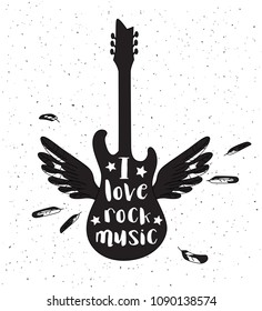 Grunge rock music poster with guitar silhouette on a white background. Vector illustration.