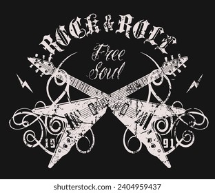 Grunge Rock Music print, graphic design with grunge effect, rock-music tee print stamp design. t-shirt print lettering artwork, vector