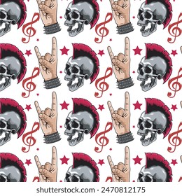 Grunge Rock Music seamless pattern with punk skulls