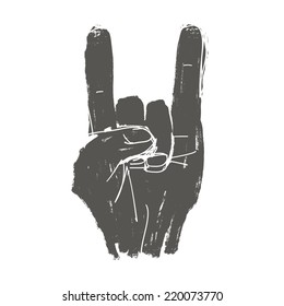 Grunge "rock on" gesture illustration. Vector