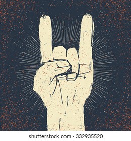 Grunge "rock on" gesture illustration. Template for your slogan, text, etc.