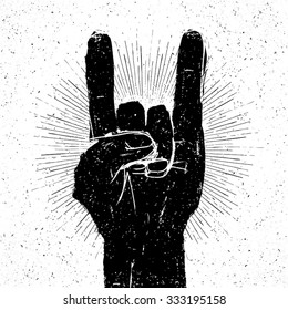 Grunge "rock on" gesture illustration. Template for your slogan, text, etc.