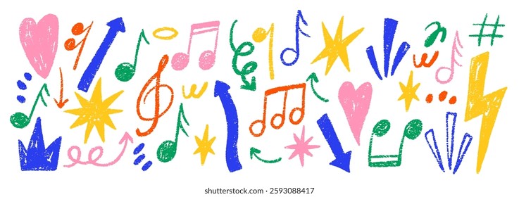 Grunge rock punk music elements with crayon, pastel and chalk texture. Lightning, star, notes and crown in doodle style. Color vector illustration isolated on a white background.