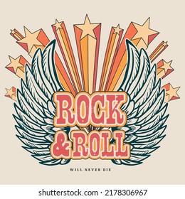 Grunge Rock and Roll Wings with distorted text in it. Rock Star. Rock festival poster. Colorful retro shooting stars. Slogan graphic with wings.