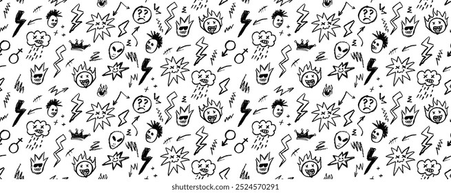 Grunge rock seamless pattern with doodle elements. Wax pencil drawing face with tongue out, cartoon thunderbolt like children pen drawing and other rock n roll style black color vector elements.