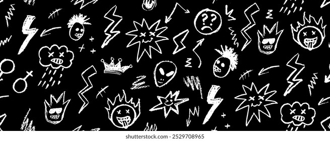 Grunge rock seamless pattern with doodle elements. Wax pencil drawing face with tongue out, cartoon thunderbolt like children pen drawing and other rock n roll style white color vector elements.