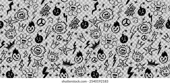 Grunge rock seamless pattern with doodle elements. Wax pencil drawing face with tongue out, cartoon thunderbolt like children pen drawing and other rock n roll style black color vector elements.