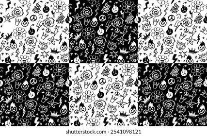 Grunge rock sin patrón con Elementos doodle. Lápiz de cera dibujando la cara con la lengua hacia fuera, el rayo de la historieta como el dibujo a pluma de los niños y otros Elementos del Vector del color del bw del estilo del rock n roll.