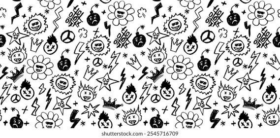 Grunge rock seamless pattern with doodle elements. Wax pencil drawing face with tongue out, cartoon thunderbolt like children pen drawing and other rock n roll style black color vector elements.