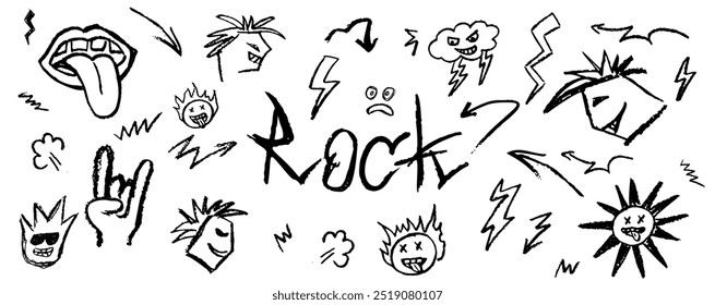 Conjunto de Elementos doodle de roca grunge. Lápiz de cera dibujando la boca con la lengua colgando, punks y caras de dibujos animados en el estilo de una subcultura de música informal. Vector gesto de cabra y otros símbolos de roca.