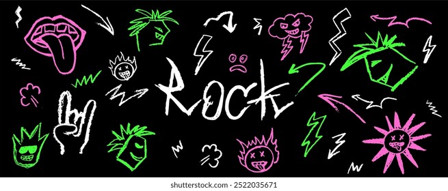 Grunge rock conjunto de elementos de doodle verde e rosa. Lápis de cera desenhando a boca com a língua pendurada para fora, punks e desenhos animados rostos no estilo de música rock n roll. Gesto de cabra vetorial sobre fundo preto