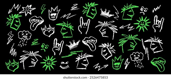 Grunge rock set on blackboard of acid green elements. Wax pencil drawing mouth with tongue hanging out, white charcoal stroke cartoon cloud in the style and goat gesture. Vector rock symbols