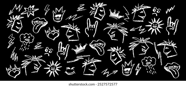 Grunge rock en la pizarra de Elementos doodle. Lápiz de cera dibujando la boca con la lengua que cuelga hacia fuera, nube de dibujos animados del movimiento del carbón blanco en el estilo y gesto de la cabra. Ilustración de símbolos de roca de Vector