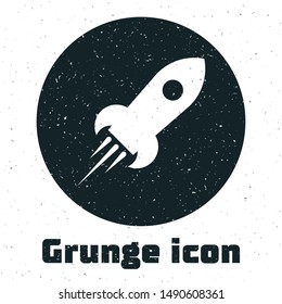 Grunge Rocket ship with fire icon isolated on white background. Space travel.  Vector Illustration