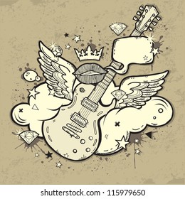 Grunge Rock'n'Roll Guitar with wings on the cloud