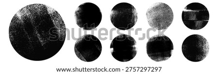 Grunge rolled ink circle shapes set handmade with brayer. Letterpress vintage rough round stamps, frames, banner templates. Vector illustration isolated on transparent background