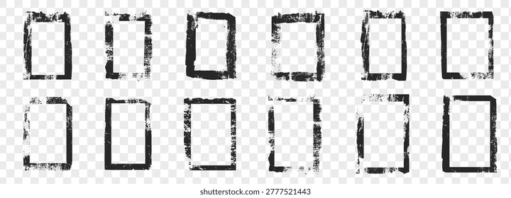  Grunge rolled ink stamp texture frame. Noice distress vintage craft paint splatter borders. Rectangle vertical backgrounds. Linocut relief printing 