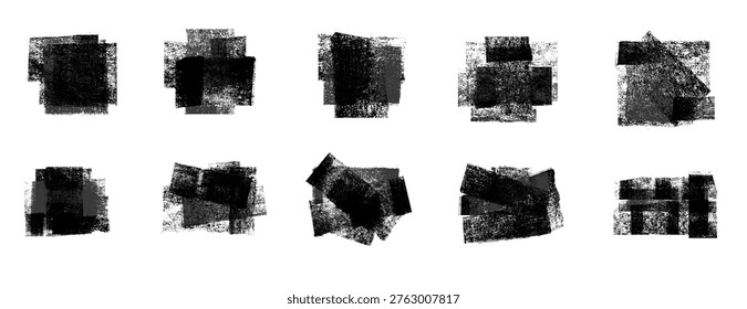 Grunge rolled ink stamp textures handmade with brayer tool. Linocut relief printing shapes set. Eroded letterpress rough irregular square backgrounds. Vector illustration isolated on white background.