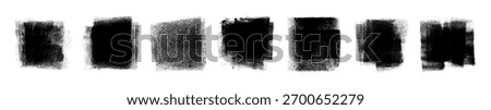 Grunge rolled ink stamp textures hand made with brayer. Linocut relief printing shapes set. Eroded letterpress rough irregular square backgrounds. Vector illustration isolated on transparent backdrop