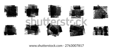 Grunge rolled ink stamp textures handmade with brayer tool. Linocut relief printing shapes set. Eroded letterpress rough irregular square backgrounds. Vector illustration isolated on white background.