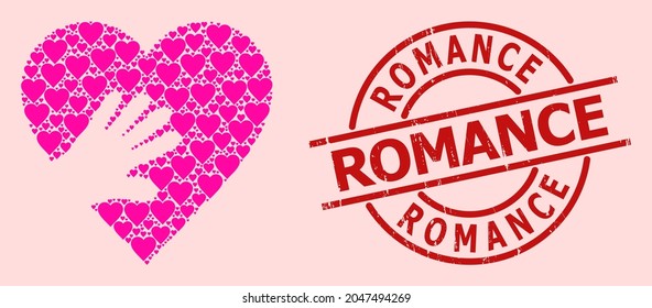 Grunge Romance stamp seal, and pink love heart mosaic for hand touch heart. Red round stamp has Romance title inside circle. Hand touch heart mosaic is done of pink dating items.