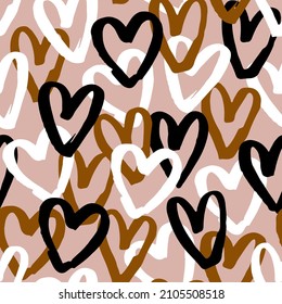 Grunge romantic seamless pattern with hand drawn hearts. Endless background for holidays, wedding and Valentines Day. Brush heart illustration. Endless repeating texture for fabric and wrapping paper