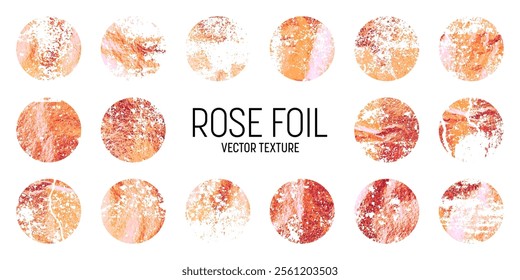 Grunge rose gold foil, shiny handmade circles. Golden glittering texture, pattern. Luxury shining hand drawn background. Wedding, greeting card decoration elements. Modern art. Vector illustration