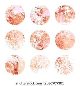 Grunge rose gold foil, shiny handmade circles. Golden glittering texture, pattern. Luxury shining hand drawn background. Wedding, greeting card decoration elements. Modern art. Vector illustration