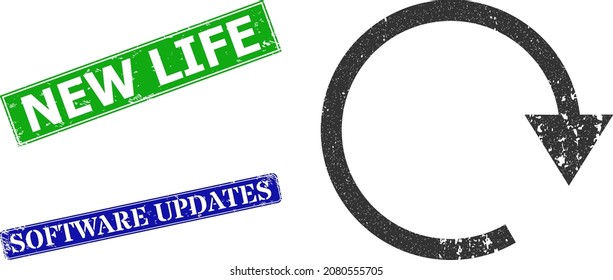 Grunge rotate right icon and rectangle rubber New Life stamp. Vector green New Life and blue Software Updates watermarks with scratched rubber texture, designed for rotate right illustration.