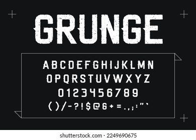 Grunge Rough Condensed Font. Funciona bien a tamaños pequeños. Caracteres de textura individual detallada con textura de impresión de letras en bruto erosionada. Tipo de letra de diseño único