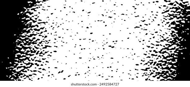 Grunge rough grain overlay background. Black gritty gravel texture. Distressed noise surface with dust, sand, particles, specks, speckles. Shabby dirty granule backdrop. Vector overlay