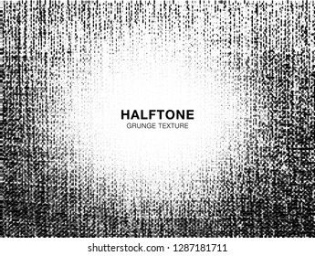 Grunge rough halftone texture. Crumpled burlap border. Canvas grunge effect. Frame textile background using halftone circle line pattern. Vector  illustration.