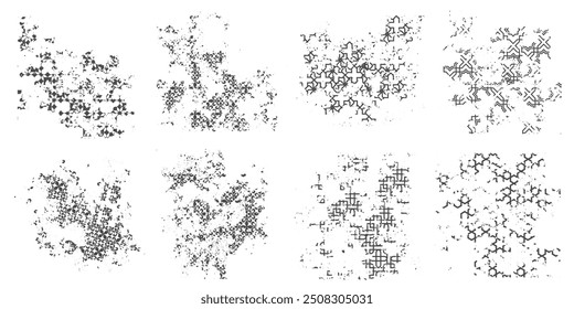 Padrões de textura monocromática áspera grunge. Planos de fundo de conjunto vetorial em branco