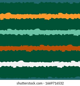 Grunge rough striped vector seamless pattern. Hand painted brush festive, merry striped background. Uneven colorful bars texture. White, yellow, green, brown, mint, emerald streaks.